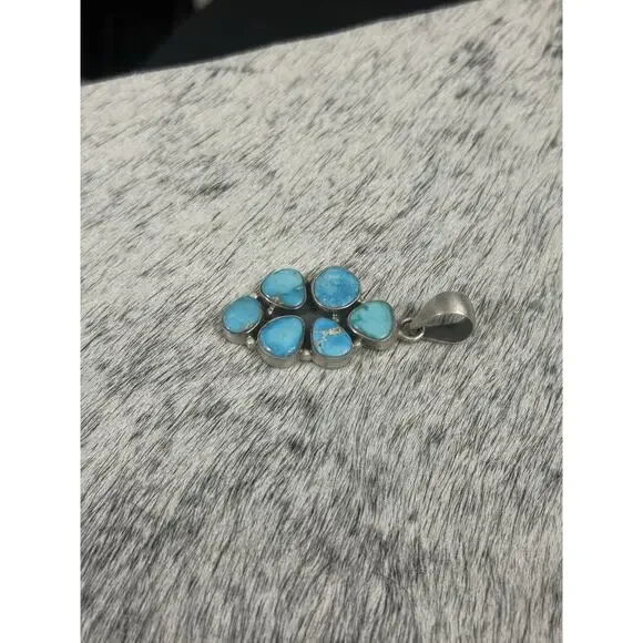 Sterling Silver 2” Blue Ridge Turquoise Multistone Cluster Pendant 6 Stone 925 - Picture 9 of 10